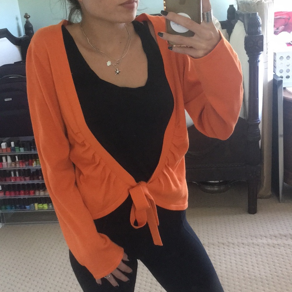 Simply flawless orange cardigan sweater tie front